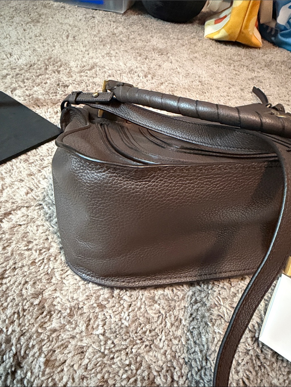 Chloé Marcie Medium Satchel Brown Pebbled Leather Gold Hardware Crossbody - Picture 11 of 14